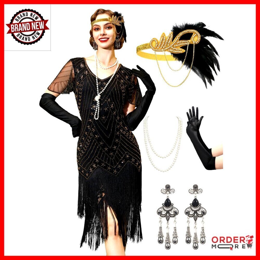 Flapper Dress with Fringe, Sequin Beading, Mesh Fabric, Gatsby Costume